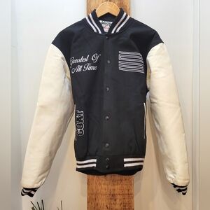 Laced Up BY Sneak Gallery Varsity Jacket with Black Body and White Sleeves